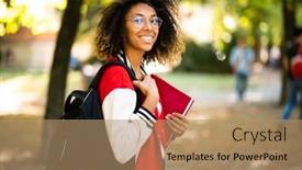  Presentation with book - Presentation design enhanced with female-african-student-holding and a  colored foreground