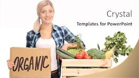  Presentation with agricultural - Cool new slide set with female agricultural worker holding a cardboard sign that says organic and leaning on a crate full of vegetables isolated on white background backdrop and a white colored foreground