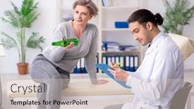  Presentation with alcoholic - Slide deck featuring female alcoholic visiting young male doctor background and a soft green colored foreground