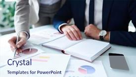  Presentation with data analyst - Slide set having female analyst pointing at financial background and a sky blue colored foreground