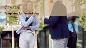  Presentation with female - Slide deck consisting of female-and-male-cowokers-talking background and a coral colored foreground