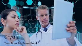  Presentation with chemical compounds - Presentation design consisting of female-and-male-doctors-using background and a light blue colored foreground