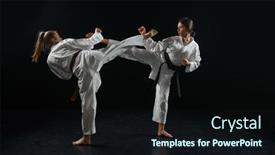  Presentation with fighters - Amazing presentation theme having female-and-male-karate-fighters backdrop and a wine colored foreground