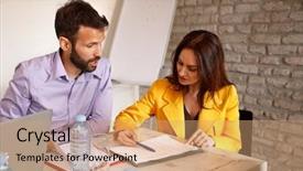  Presentation with work together growth teamwork - Audience pleasing theme consisting of female and male worker working backdrop and a coral colored foreground