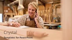  Presentation with apprentice - PPT theme enhanced with female-apprentice-working-as-carpenter background and a coral colored foreground