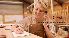 Presentation with apprentice - Presentation design consisting of female-apprentice-working-as-carpenter background and a coral colored foreground