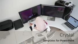  Presentation with monitor computer - Presentation theme enhanced with female-arabic-creative-professional-working background and a light gray colored foreground