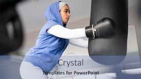  Presentation with arabic - Cool new slide set with female-arabic-kickboxer-fighter-training backdrop and a teal colored foreground