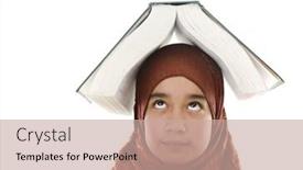  Presentation with arabic - Colorful presentation design enhanced with female arabic student balancing big book on head backdrop and a coral colored foreground