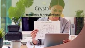  Presentation with building plans - PPT theme featuring female-architect-in-office-sitting background and a gold colored foreground