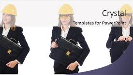  Presentation with architect - Cool new PPT theme with architecture portofolio - female architect with bag isolated backdrop and a white colored foreground