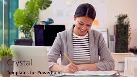  Presentation with building plans - Theme with female-architect-working-in-office background and a  colored foreground