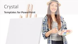  Presentation with artist - Audience pleasing presentation consisting of female artist leaning on a canvas isolated on white background backdrop and a sky blue colored foreground