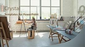  Presentation with artist - Colorful slide set enhanced with female-artist-sitting-in-front backdrop and a lemonade colored foreground