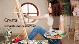  Presentation with artist - Slide deck featuring female artist working on painting background and a coral colored foreground