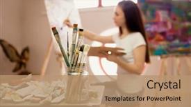  Presentation with art historical painting - Amazing presentation design having female artist working on painting backdrop and a coral colored foreground