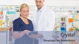  Presentation with pharmacy tablet - Colorful slide set enhanced with female assistant using tablet computer backdrop and a light blue colored foreground