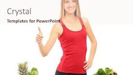  Presentation with white healthy food - PPT theme with female athlete giving thumb up behind a table full of healthy food isolated on white background background and a sky blue colored foreground