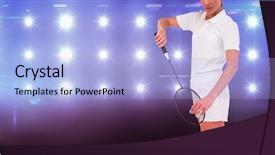  Presentation with badminton - Colorful PPT theme enhanced with female athlete holding a badminton racquet ready to serve against composite image of blue spotlight backdrop and a light blue colored foreground