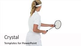  Presentation with badminton - Beautiful presentation theme featuring female athlete holding a badminton racquet ready to serve on white background backdrop and a white colored foreground