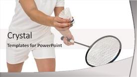  Presentation with badminton - PPT layouts with female athlete holding a badminton racquet ready to serve on white background background and a lemonade colored foreground