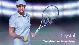  Presentation with spotlight - PPT theme consisting of female athlete playing tennis against digitally generated image of spotlight against black background background and a seafoam green colored foreground