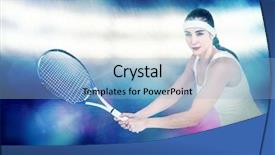  Presentation with spotlight - PPT theme featuring female athlete playing tennis against digitally generated image of spotlight against black background background and a light blue colored foreground