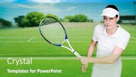  Presentation with female soccer - PPT theme consisting of female athlete playing tennis against composite image of soccer field background and a shamrock green colored foreground