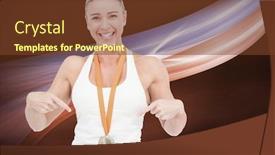  Presentation with medal - Slides featuring female athlete pointing her medal against black background background and a tawny brown colored foreground