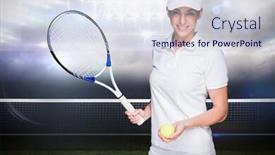  Presentation with athlete - Presentation having female athlete posing with a tennis racket against sports pitch background and a sky blue colored foreground