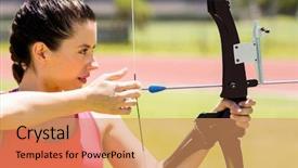  Presentation with archery - PPT theme with female athlete practicing archery background and a coral colored foreground
