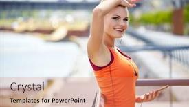  Presentation with physique - Colorful slide deck enhanced with female athlete women's sportswear fit thin physique athletic build outdoor city bridge portrait backdrop and a coral colored foreground