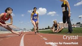  Presentation with athletes - Audience pleasing PPT layouts consisting of female athletes stretching on racing track backdrop and a coral colored foreground