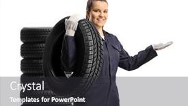  Presentation with female mechanic - Presentation theme having female-auto-mechanic-carrying background and a dark gray colored foreground