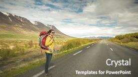  Presentation with adventure - Amazing PPT layouts having female backpacker tourist in icleand ready for adventure backdrop and a gray colored foreground