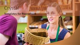  Presentation with supermarket - Cool new PPT theme with female-baker-at-organic-supermarket backdrop and a red colored foreground
