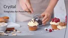  Presentation with cupcake - Presentation theme consisting of female baker decorating tasty cupcake background and a coral colored foreground