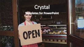  Presentation with signboard - Beautiful theme featuring female baker holding open signboard at the entrance of bakery shop backdrop and a wine colored foreground
