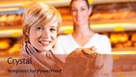  Presentation with pastries - Colorful presentation theme enhanced with female baker or saleswoman in her bakery with a female customer and fresh pastries or bakery products backdrop and a red colored foreground