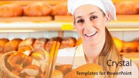  Presentation with pastries - PPT layouts featuring female baker or saleswoman in her bakery selling fresh bread pastries and bakery products in basket background and a yellow colored foreground