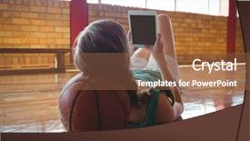  Presentation with basketball female - Audience pleasing presentation design consisting of female basketball player using tablet backdrop and a tawny brown colored foreground