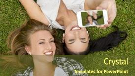  Presentation with best - Amazing PPT layouts having female best friends lying on the grass and taking selfies backdrop and a tawny brown colored foreground