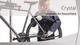  Presentation with female mechanic - Theme with female-bike-mechanic-repairing-fastening background and a light gray colored foreground