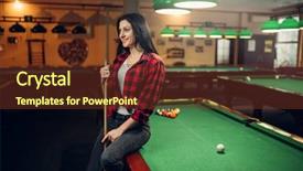  Presentation with billiard - PPT theme with female billiard player with cue background and a tawny brown colored foreground