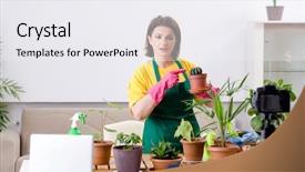  Presentation with blogger - Amazing presentation theme having female blogger explaining houseplants growing backdrop and a sky blue colored foreground
