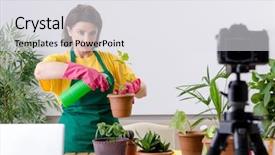  Presentation with hydroponics hydroponic vegetables growing - Colorful presentation theme enhanced with female blogger explaining houseplants growing backdrop and a white colored foreground