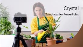  Presentation with growing up kids - Colorful slide set enhanced with female blogger explaining houseplants growing backdrop and a white colored foreground