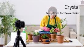  Presentation with blogger - Audience pleasing slide set consisting of female blogger explaining houseplants growing backdrop and a sky blue colored foreground