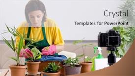  Presentation with blogger - PPT theme having female-blogger-explaining-houseplants-growing background and a white colored foreground