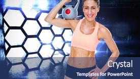  Presentation with hexagon - Beautiful slide set featuring female blonde crossfitter holding kettlebell smiling at camera against hexagon room backdrop and a ocean colored foreground